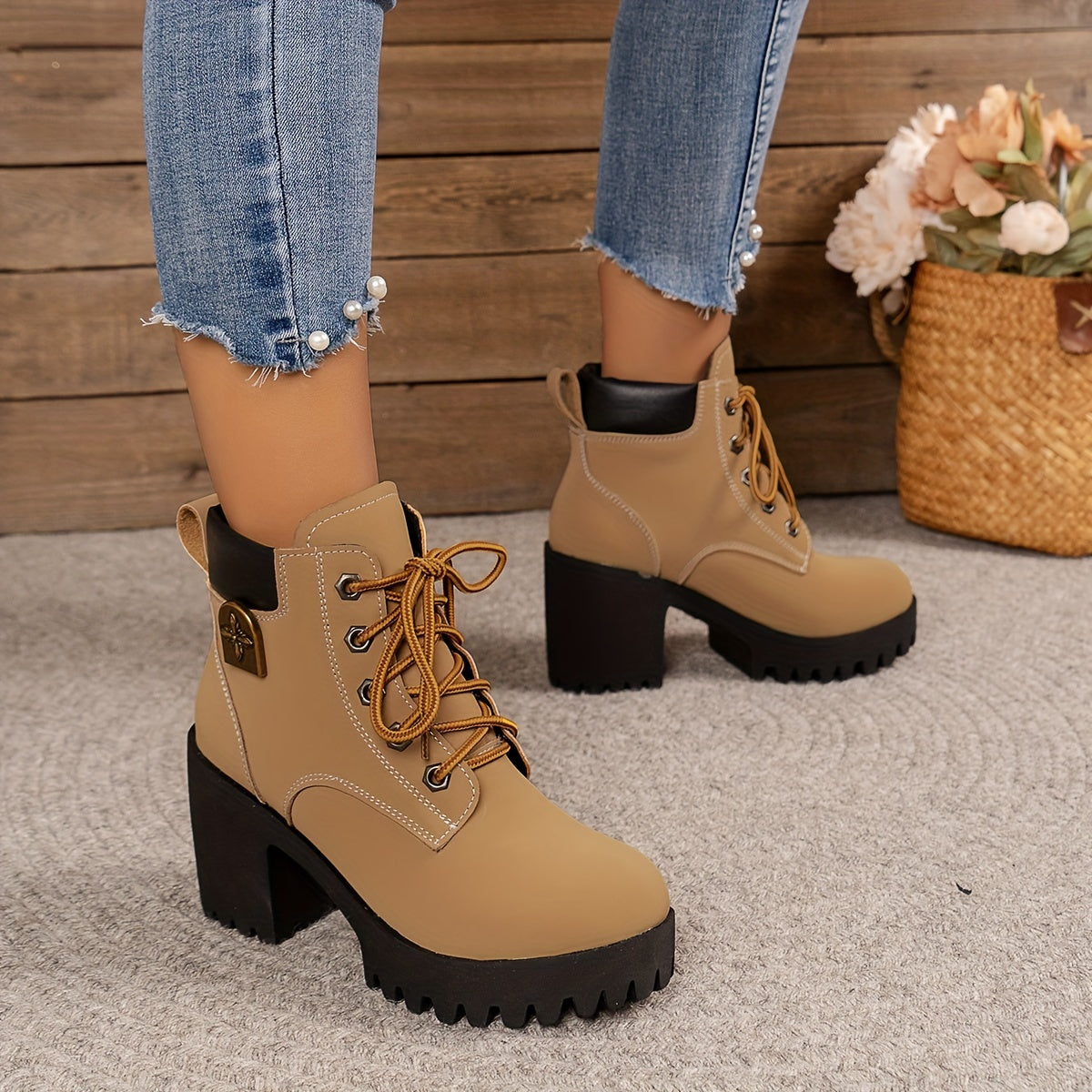 Elegant Lace-Up Ankle Booties for Women - All-Season Round Toe Dress Boots with Block High Heel, Solid Color, Polyurethane Upper & Rubber Sole, Fabric Insole - Stylish Footwear for, Parties & Formal Events - Perfect